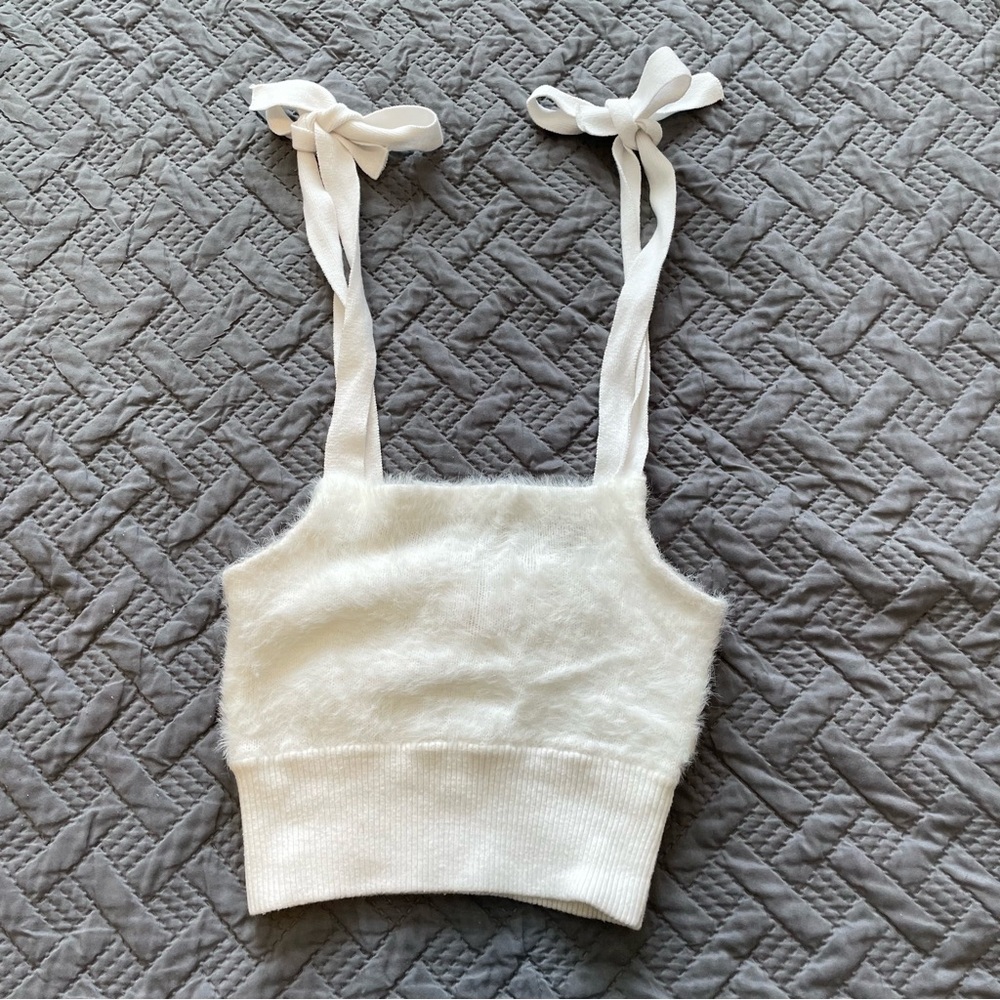 Lottie Moss White Fuzzy Knit Crop Top